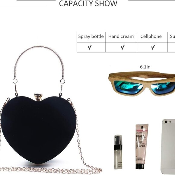 Womens Heart Shape Evening Bag Purse Velvet Party Tote Mini Handbag Clutch Chain - Picture 3 of 6